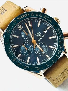 Benyar 45mm Men's Chronograph Date Watch Rose Gold Blue Bezel Leather BY-5140M